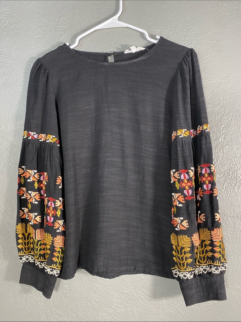 THML Embroidered Balloon Sleeve Top Womens S Black Cotton Rayon Boho Blouse - Picture 1 of 16